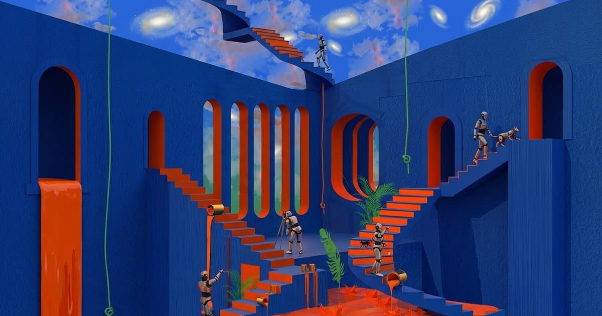 Surreal navy and terracotta architecture representing connected operational systems