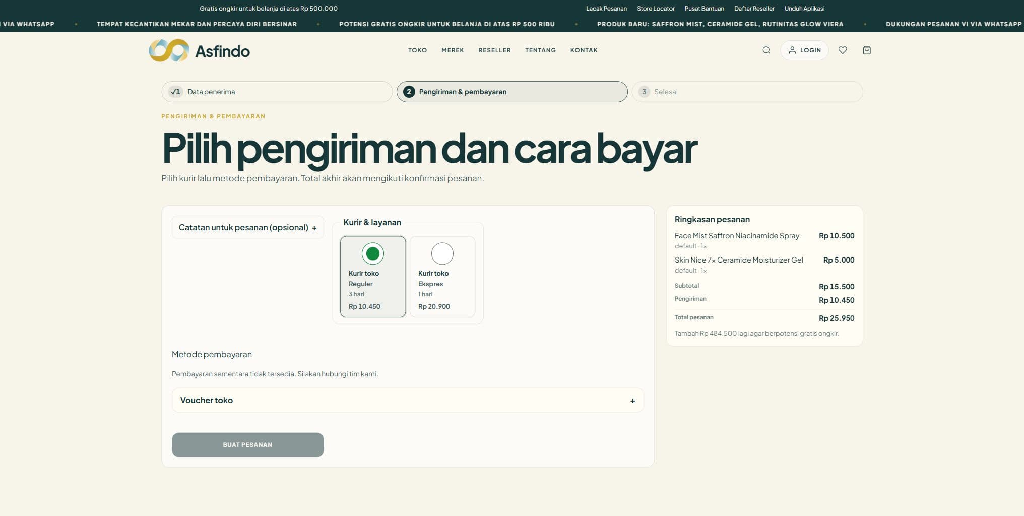 Asfindo checkout shipping and payment screen